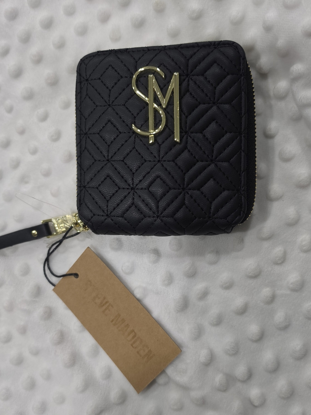 Steve Madden Black Quilted Square Zip Wallet with Gold SM Emblem